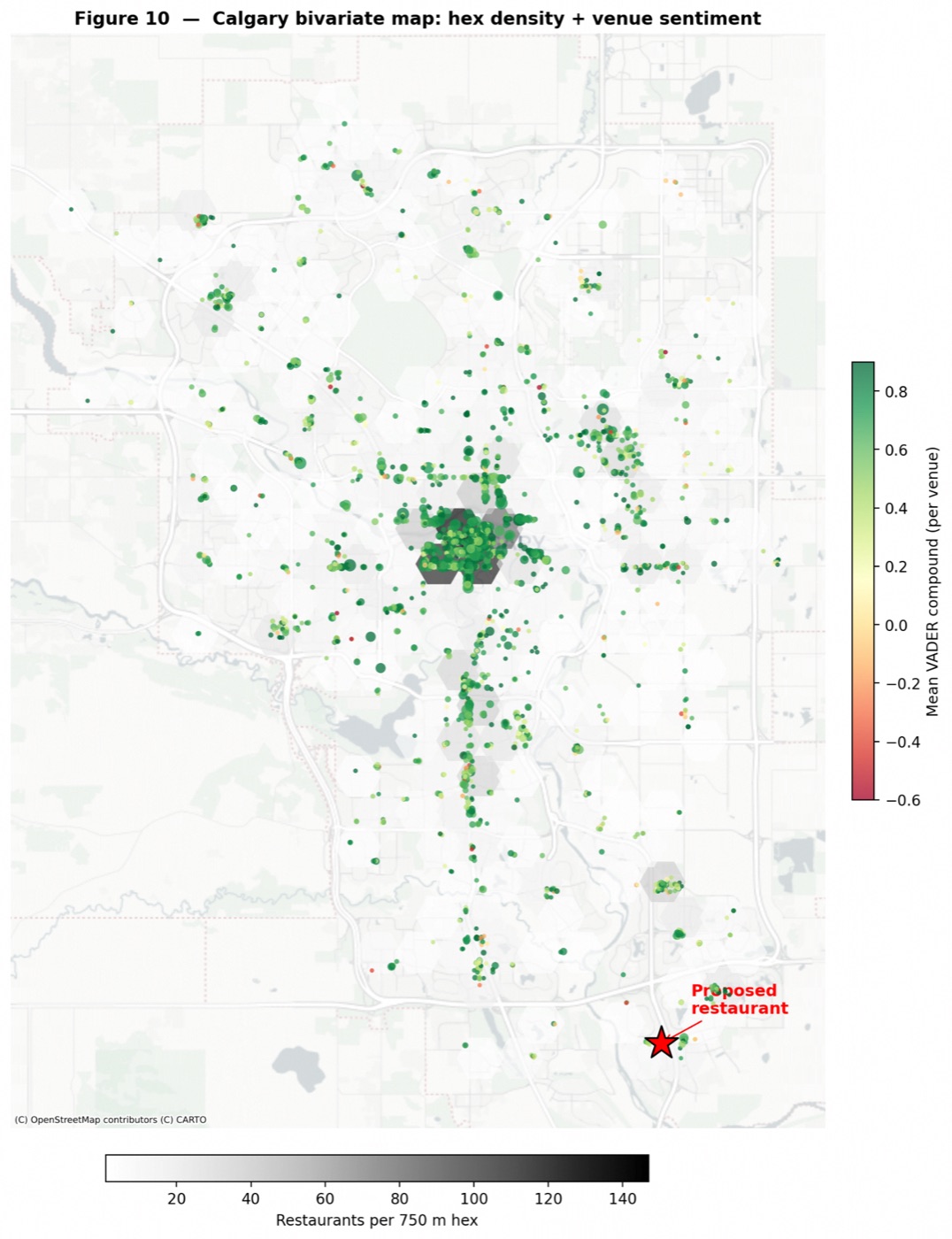 Calgary bivariate map of restaurant hex density and mean venue sentiment with proposed site