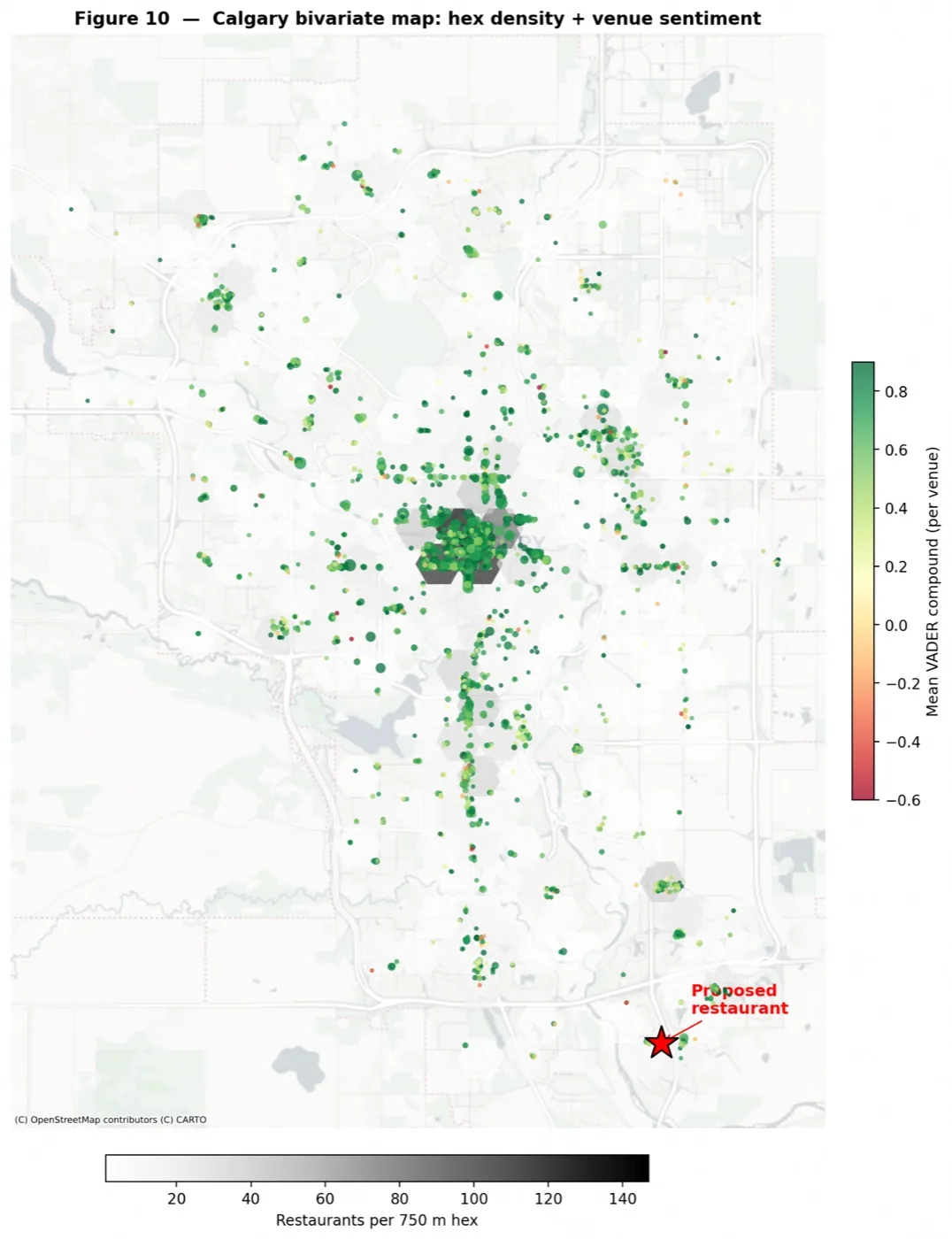 Calgary bivariate map of restaurant hex density and mean venue sentiment with proposed site