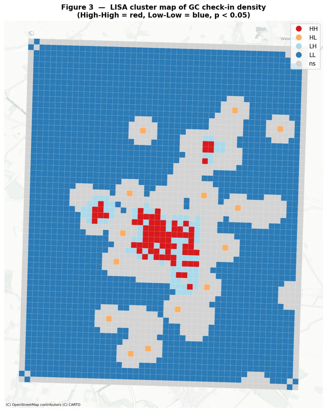LISA cluster map of GC check-in density showing High-High and Low-Low clusters