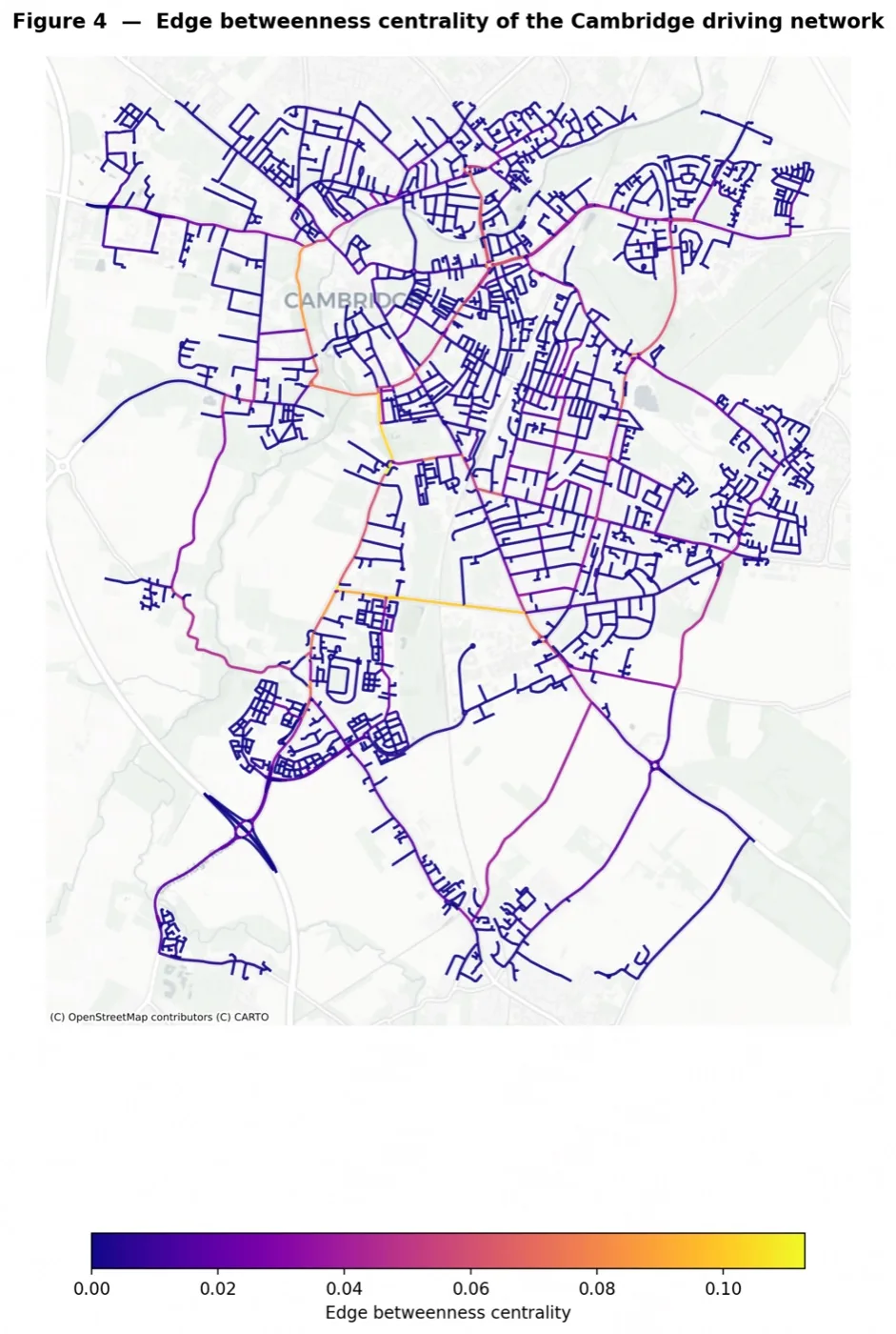 Edge betweenness centrality of the Cambridge driving network