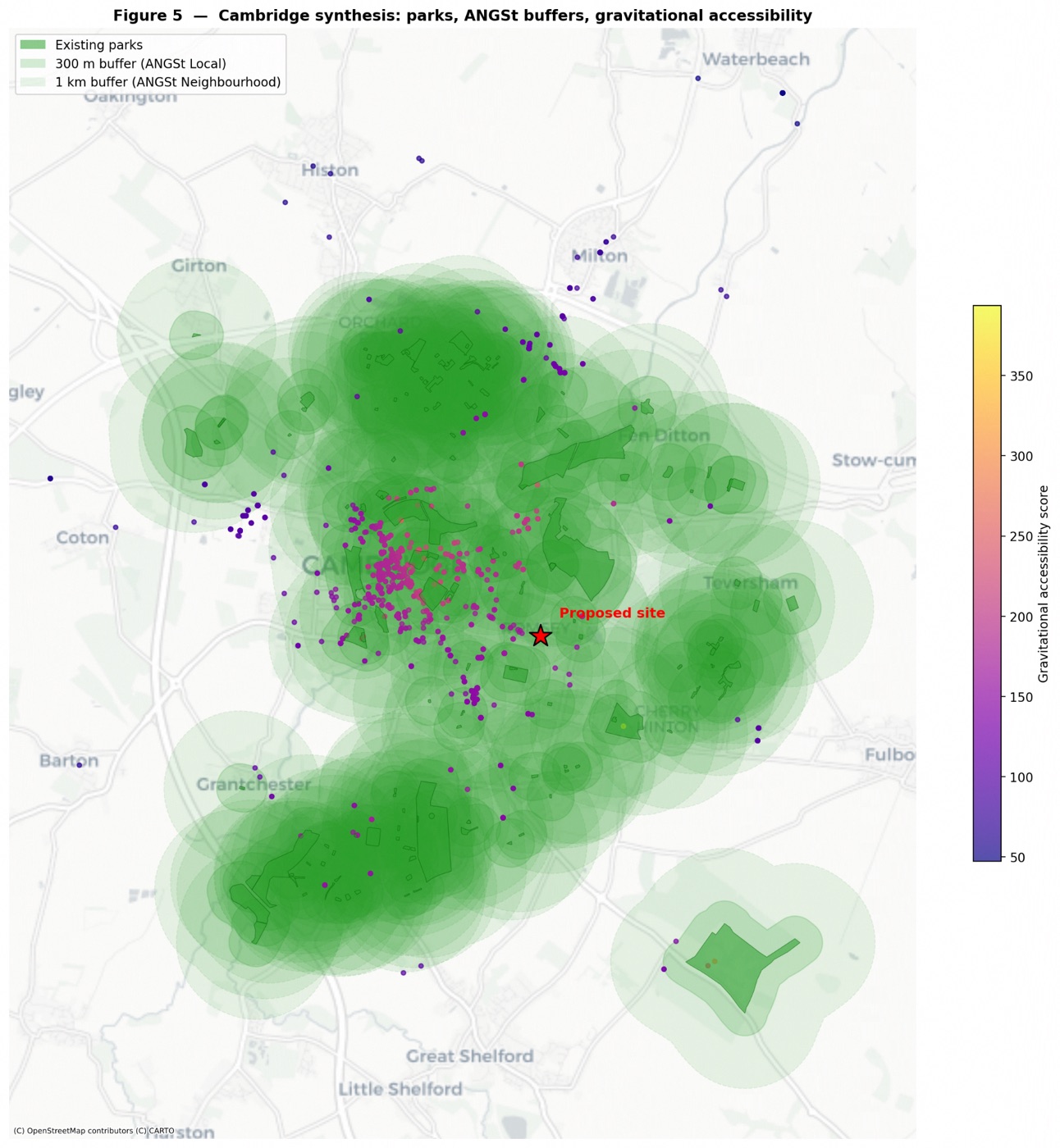 Synthesis map of Cambridge parks, ANGSt buffers, and gravitational accessibility