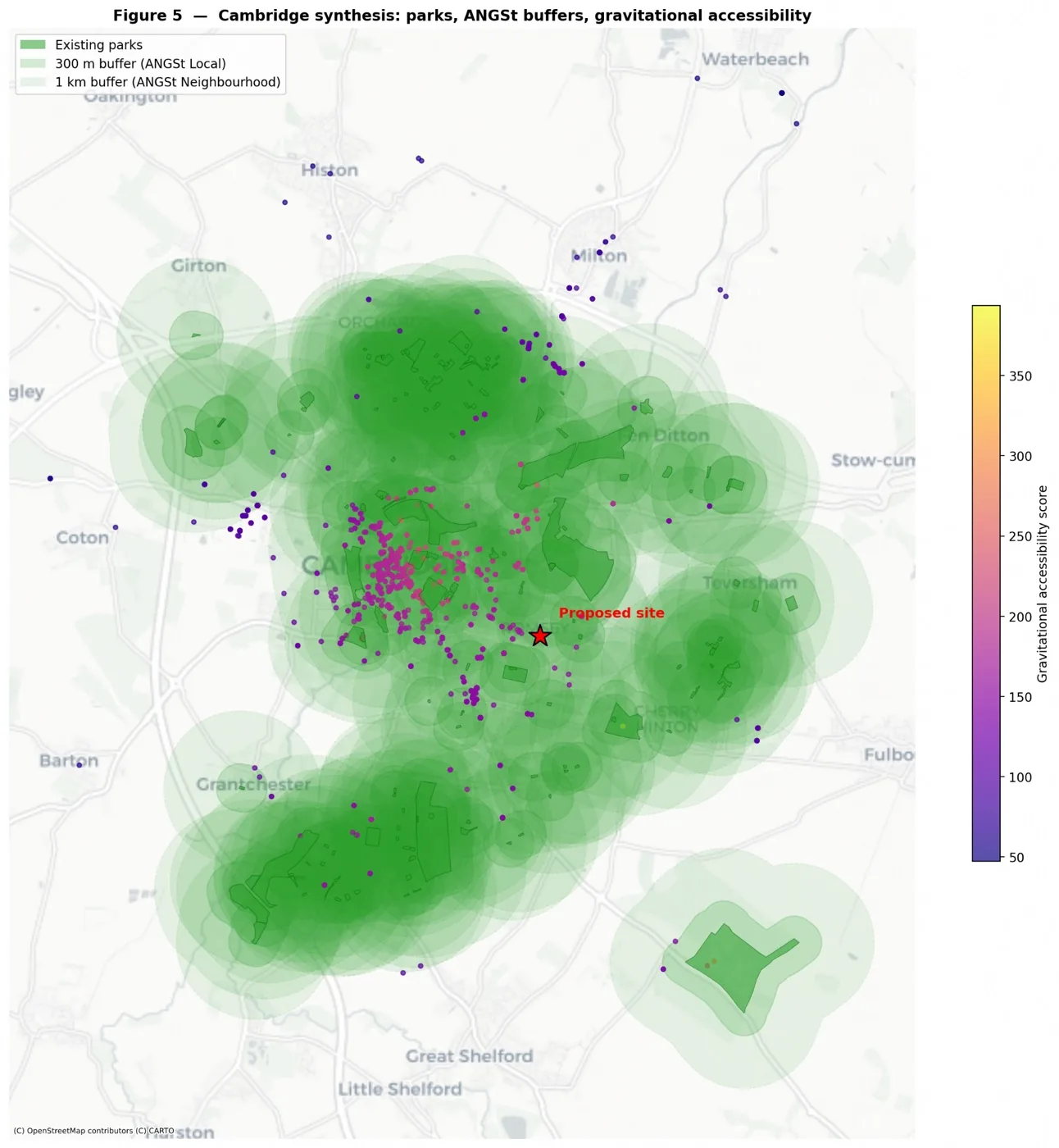Synthesis map of Cambridge parks, ANGSt buffers, and gravitational accessibility
